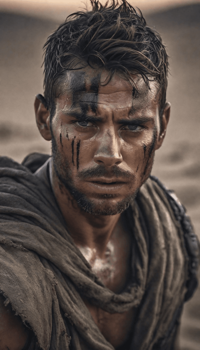 AI generated: Warior kills enemy , stands after the battle, fear and horror on his face, tired and beaten, sand on...