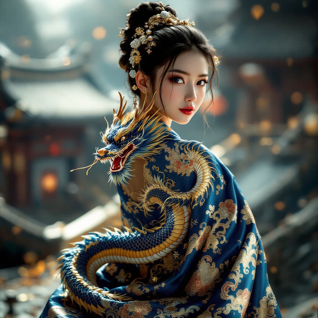 AI generated:  blue gold dragon chinese style on the kimono. Cinematic, hyper realism, high detail, octane render,...
