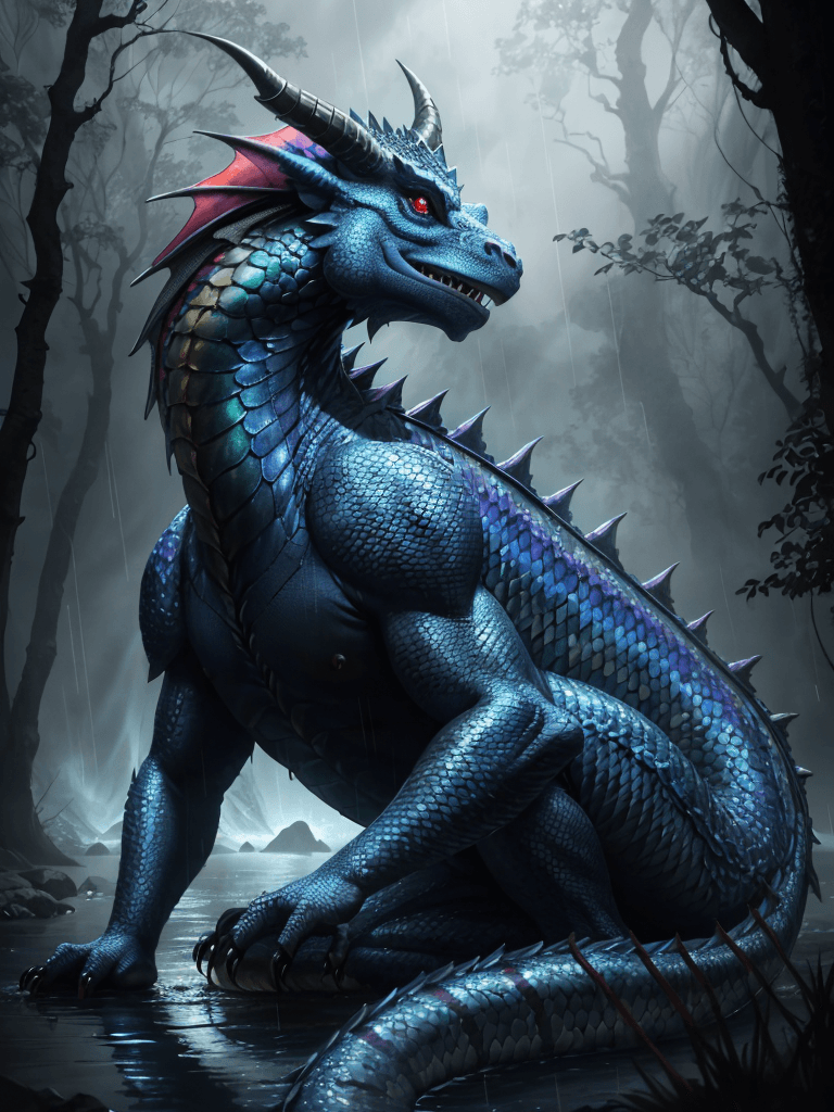 AI generated: A closeup side shot of a (rainbow colored scales) single male (dragon:1. 2), his eyes gleaming with ...