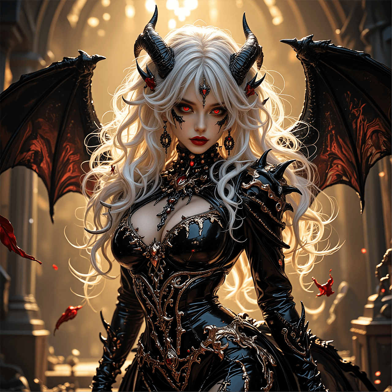 AI generated: An ultra-detailed digital illustration of a majestic demon queen with voluminous, curly platinum-blo...