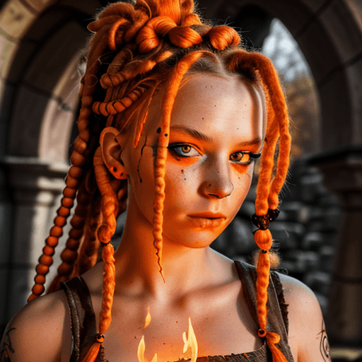 AI generated: junge prinzessin, orangene Dreadlocks, fantasy, flammen aus den augen, lawasee im hintergrund, 8k, d...
