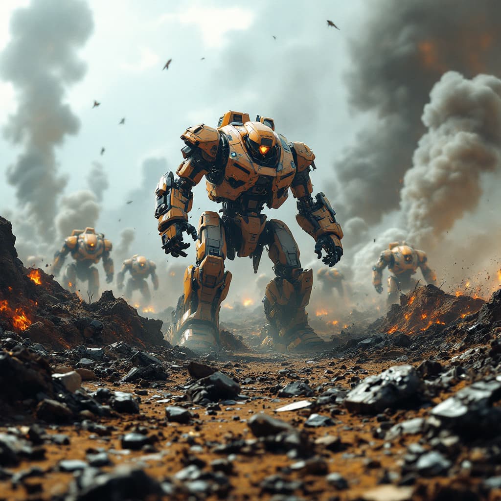 AI generated: 20.	3D battlefield with shattered robots, scorched earth, and smoke plumes --v 7 --style apocalyptic...