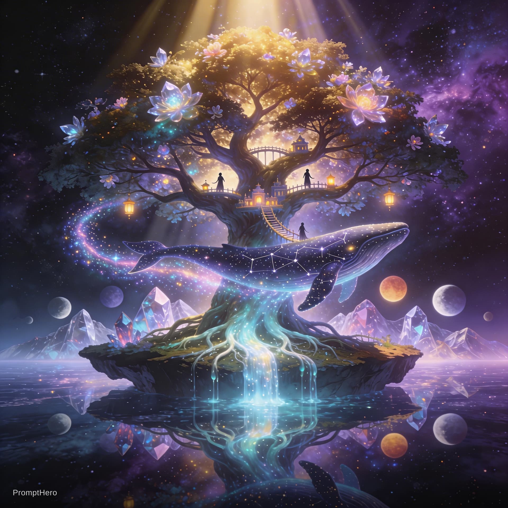 AI generated: A colossal ancient tree growing from the center of a floating island suspended in a violet and golde...