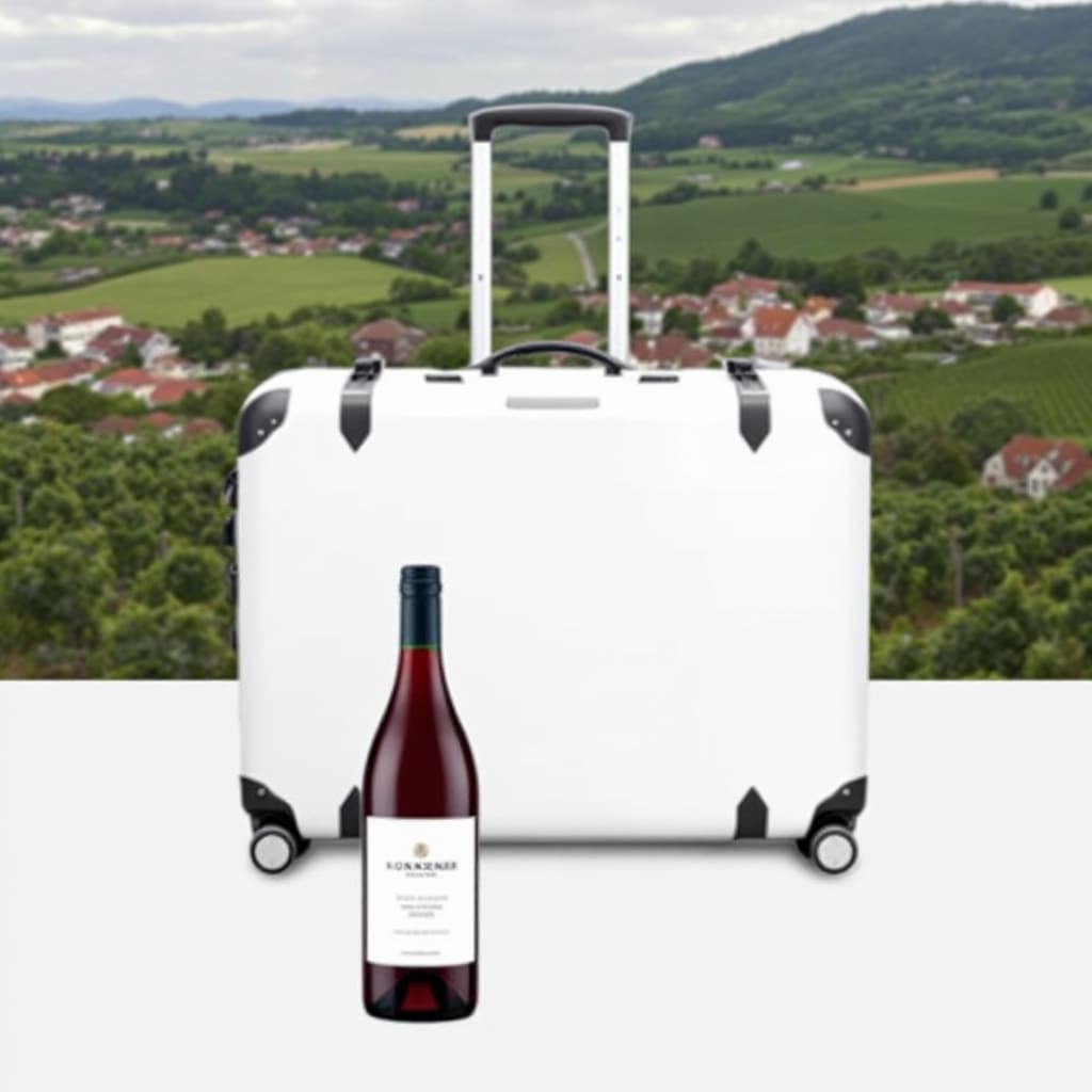 AI generated: Modern image collage of a suitcase and a bottle of red wine in the foreground and a village in winya...