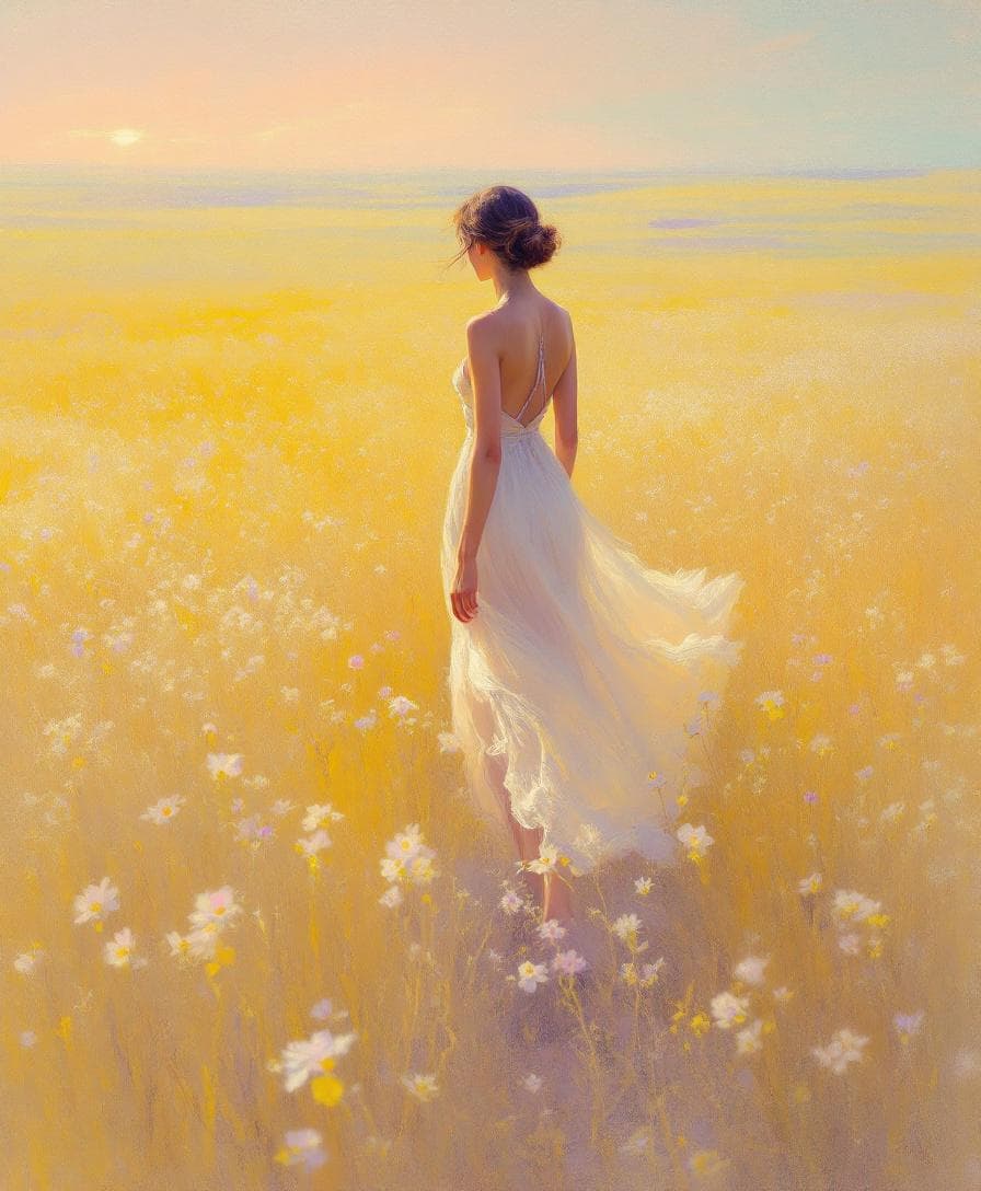 AI generated: Under Claude Monet's gaze: a woman walks slowly across a golden field at dusk, her footprints being ...