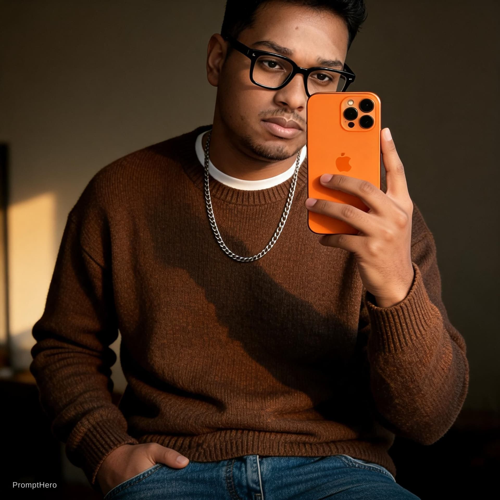 AI generated: Ultra-realistic mirror selfie of a me (uploaded pic)with glasses.
He is wearing a loose brown sweat...