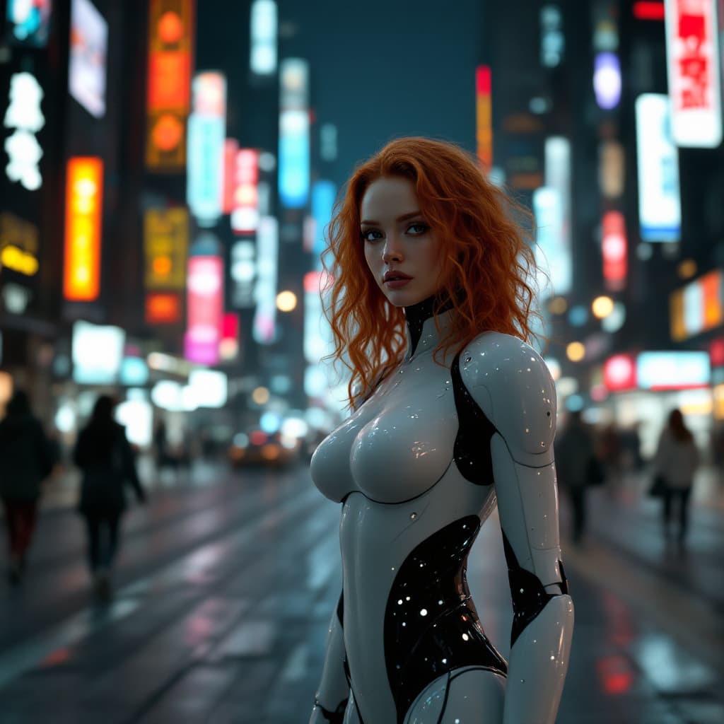 AI generated: an female android in a late night city scene, ivory-colored arms and legs like alita from the movie ...