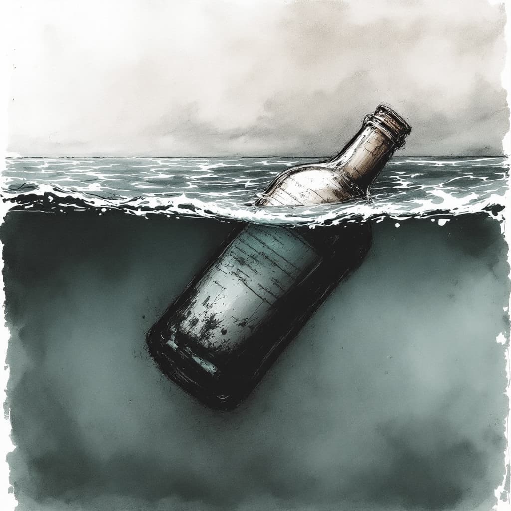 AI generated: an artistic Wet ink, charcoal sketch of a slim roll of paper inside a half submerged tilted bottle, ...