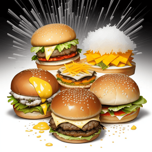 AI generated: Flying food photography with [Two Burgers] as the main subject, Splashes of Toppings and Seasonings,...