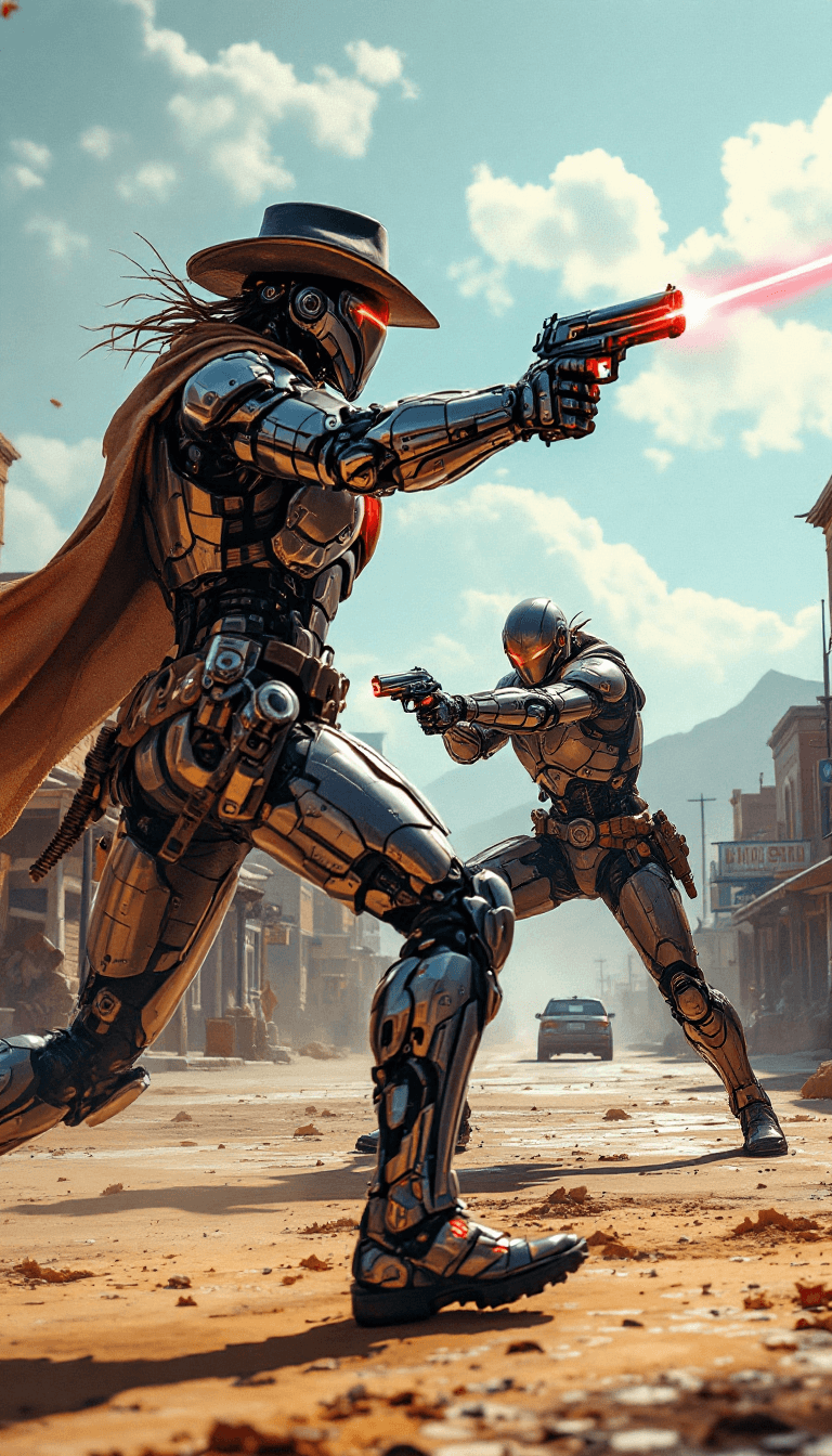 AI generated: A duel at high noon in the 'Cybernetic Wild West', with combatants using laser-sighted six-shooters ...