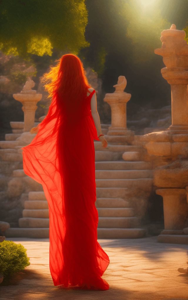 AI generated: red haired Aphrodite walking through temple grounds in typical greek outfit, gossamer, soft sunshine...