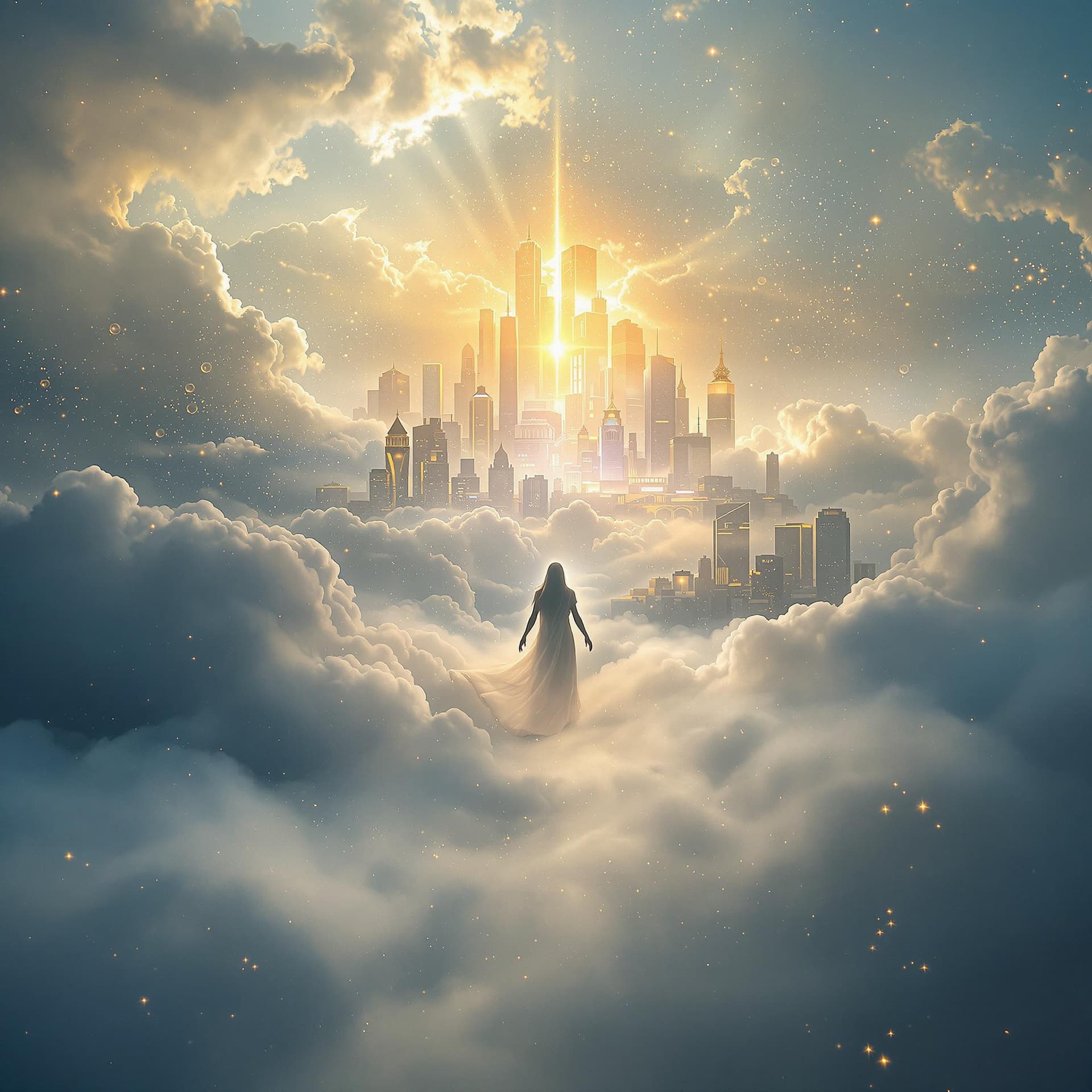 AI generated: A fine art, hyper-realistic, cinematic image of God's golden city of heaven spread out, modern build...