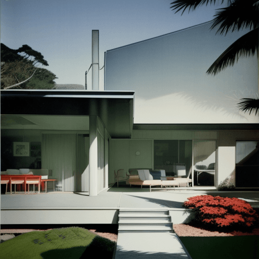AI generated: Hyper realistic eye level exterior photo of a mid century modern style house overlooking the ocean, ...