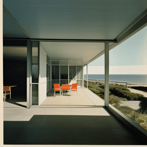 AI generated: Hyper realistic eye level exterior photo of a mid century modern style house overlooking the ocean, ...