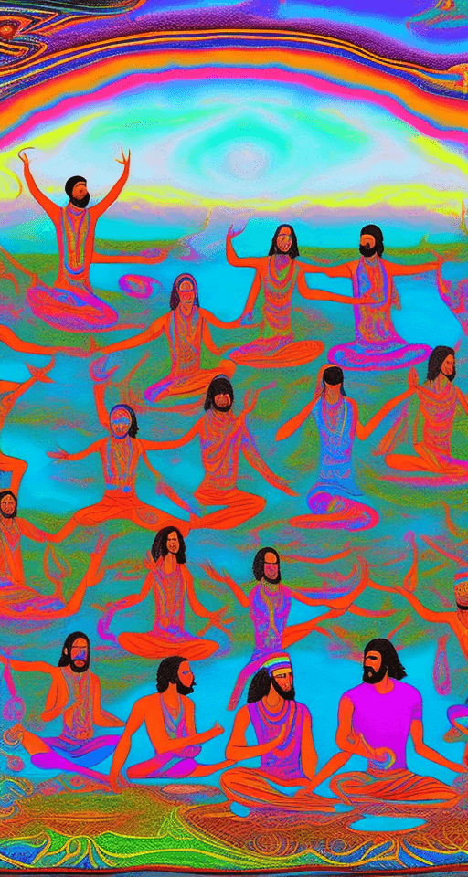 AI generated: Psychedelic group of people men and spiritual women near lake in Georgia. Some people do yoga play o...