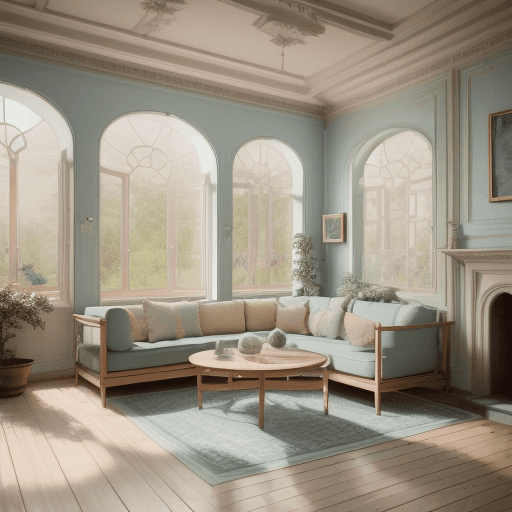 AI generated: High resolution photography interior design, dreamy sunken living room conversation pit, wooden floo...