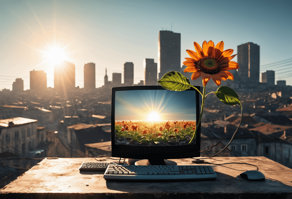 AI generated: flower growing out of old computer, Sun in the sky, Sharp and in focus, (cityscape art by Fernand To...