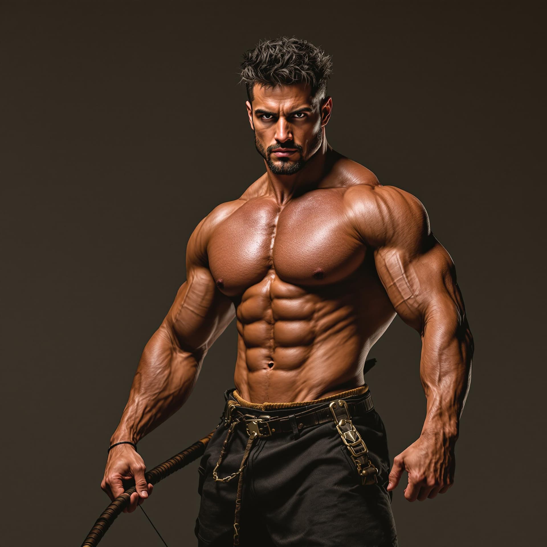 AI generated: full view of bodybuilder standing in archer pose while looking at the camera