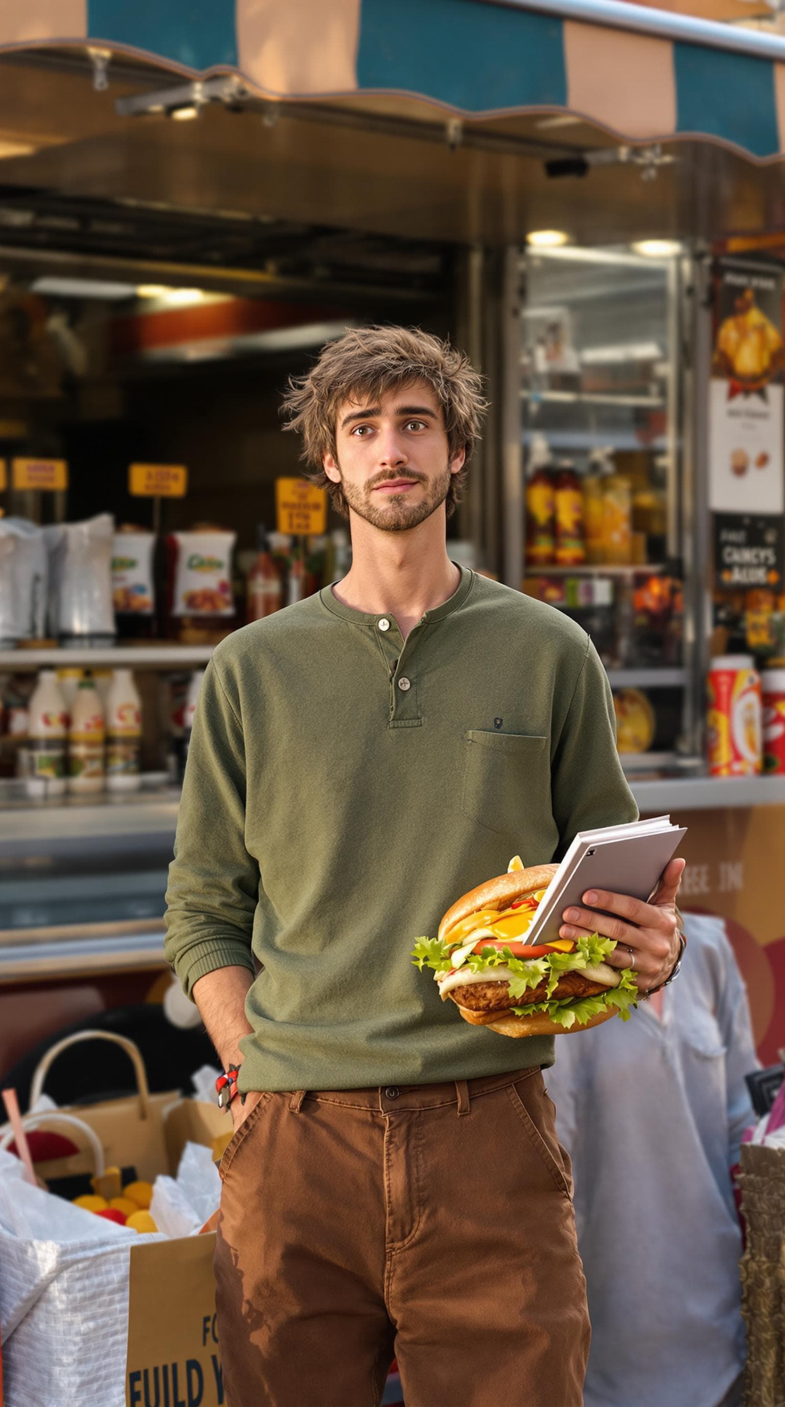 AI generated: A photo-realistic image of a lanky food critic inspired by Shaggy Rogers from Scooby Doo; characteri...