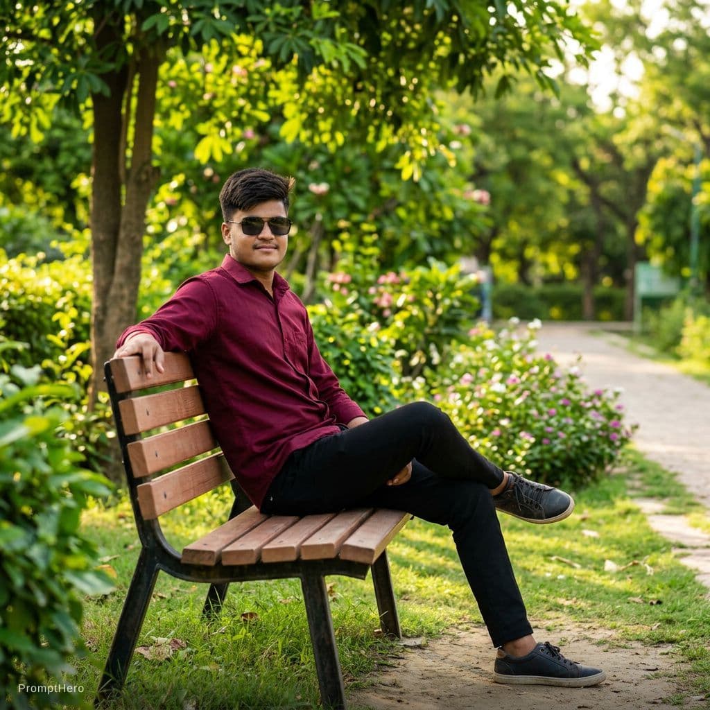 AI generated: Change the dress and wear the maroon shirt with black pant and he is sitting on the bench in the par...