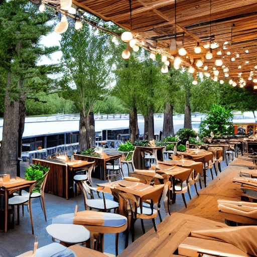 AI generated: Exterior design of contemporary restaurant, outdoor seating area, outdoor dining, natural color tone...