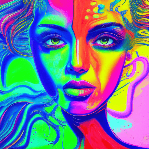 AI generated: psychedelic liquid painting, neon woman colors, green, blue cobalt, ruby red, orange, yellow, pink, ...