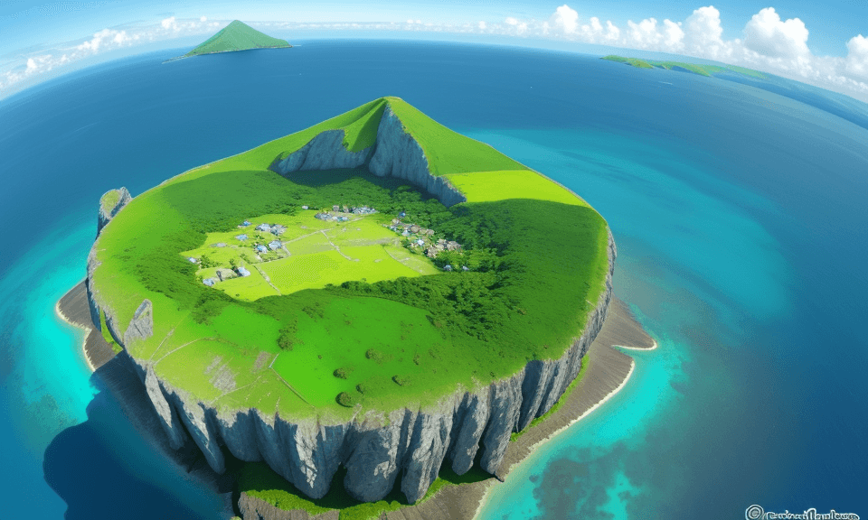 AI generated: bird's eye view high up looking down of a simple island. you can see the big mainland in the backgro...