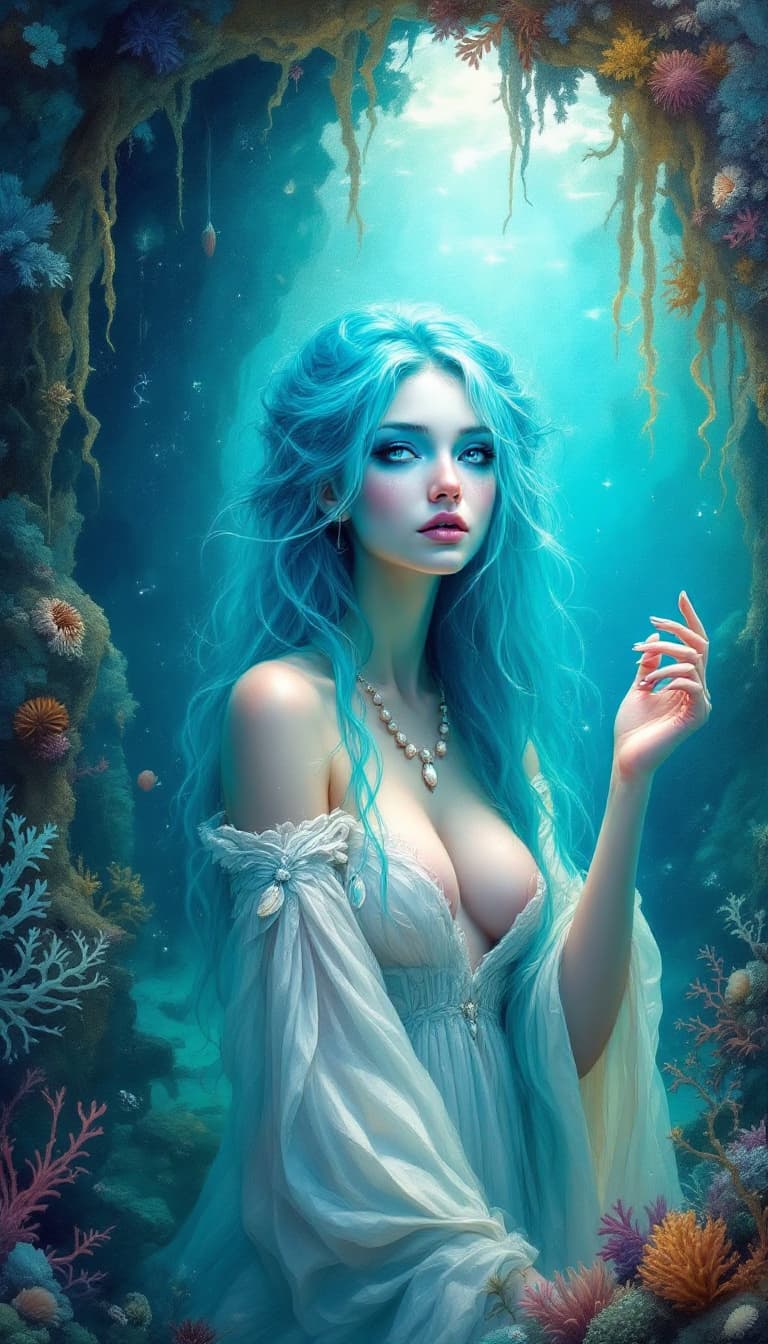 AI generated: "Aquamarine Oracle in a Sunken Grotto": A captivating abstract painting presents an oracle, embodyin...