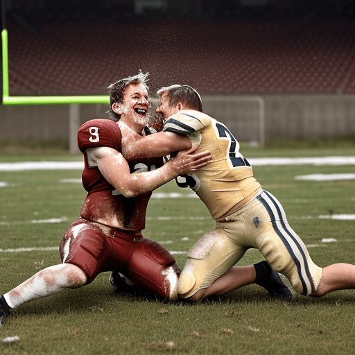 AI generated: two laughing rugged, sweaty, caucasian american football players in pads and jerseys, throwing custa...