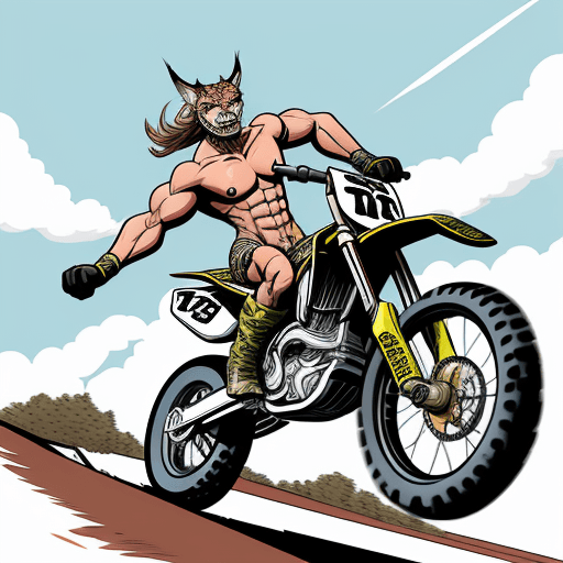 AI generated: a muscular lynx with a human body riding a motocross bike doing a wheelie and waving at the camera i...