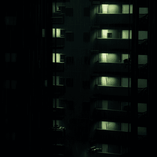 AI generated: Splinter cell going out of a building facility at night. Telescope lenses, raining. Photo taken from...