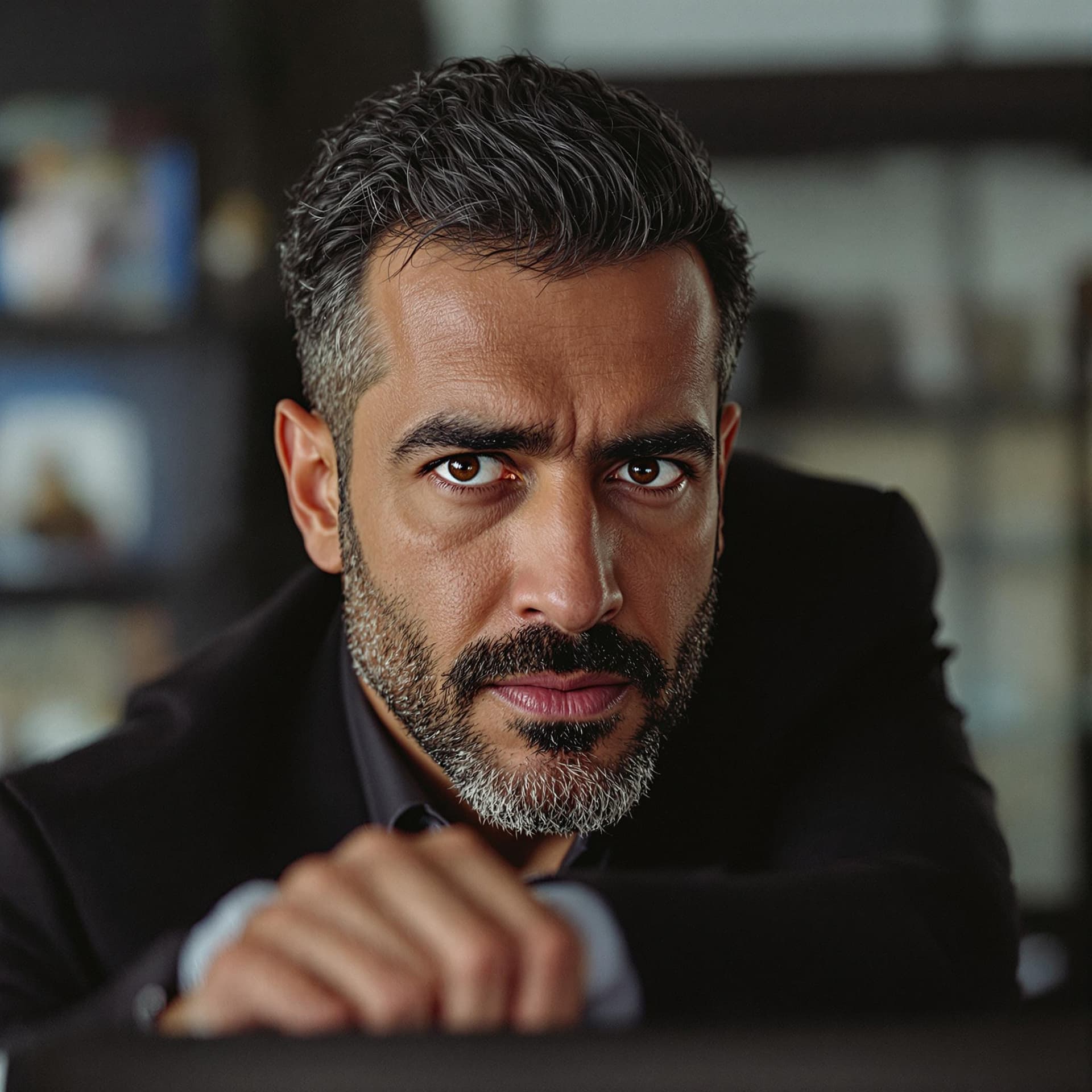 AI generated: Photography, Taymour Ghazi, businessman, serious but seductive expression.