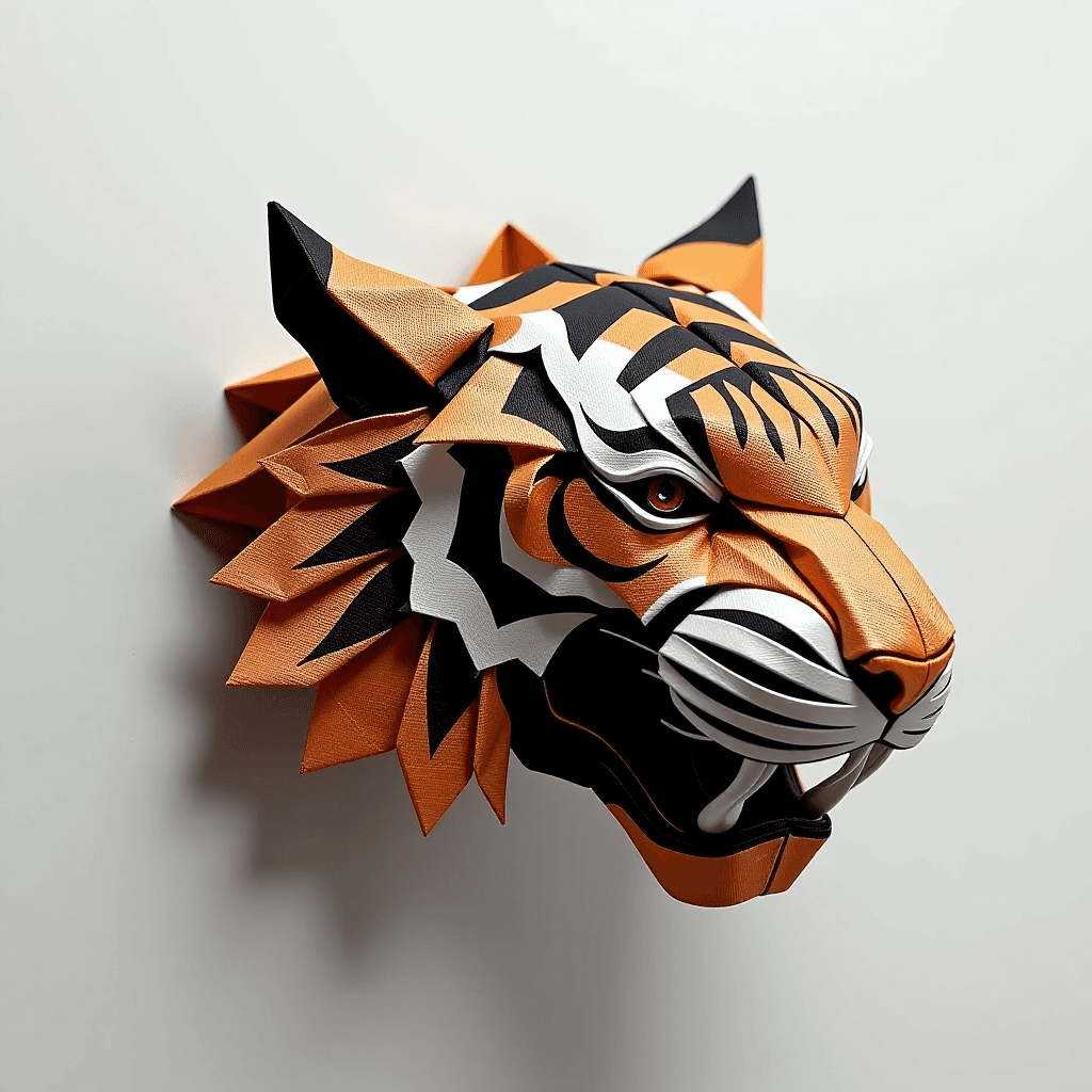 AI generated: Origami Beast Unleashed: "A close-up of a complex origami tiger head, crafted from textured metallic...