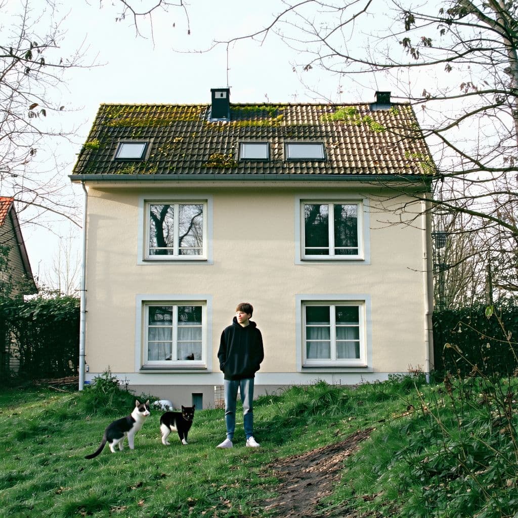 AI generated: House with person standing  in front with a cat with a dog next to them