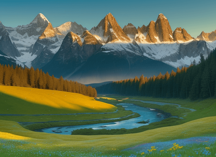 AI generated: pristine valley surrounded by towering, snow-capped peaks that pierce the clear blue sky. In the for...