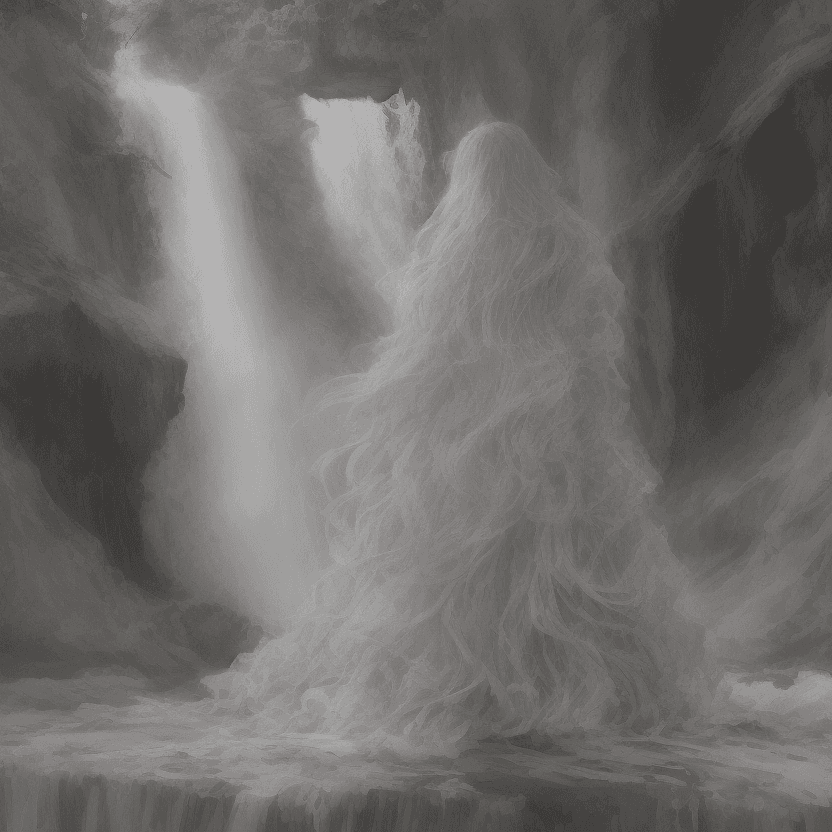 AI generated: a woman in a long, flowing dress standing in front of a waterfall, with her body facing the camera a...
