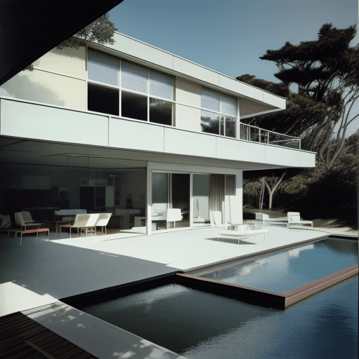 AI generated: Hyper realistic eye level exterior photo of a mid century modern style house overlooking the ocean, ...