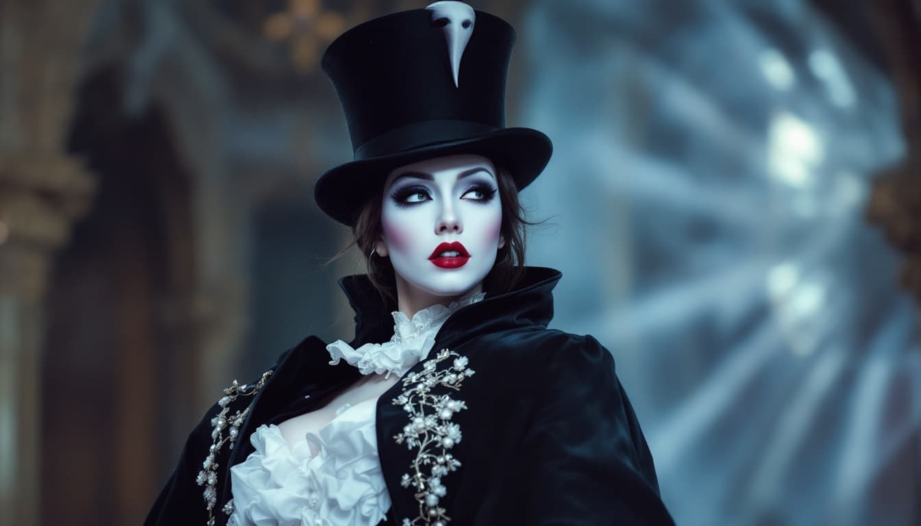 AI generated: cosplay (Woman as the phantom of the opera:1.2), Michael Crawford,  