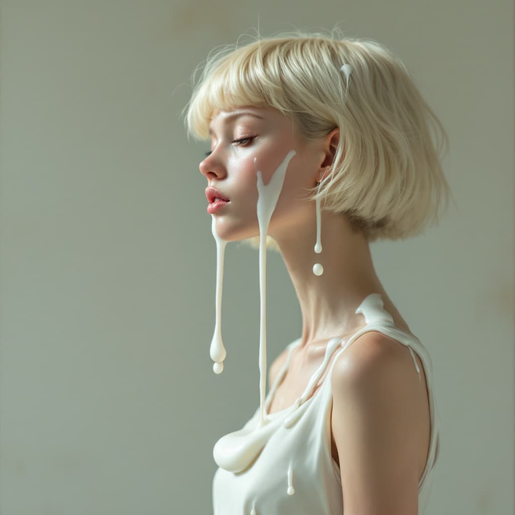 AI generated: skinny girl, teenager, narrow cheekbones, profile, photo, milk drop dress, splashing milk, blonde, s...