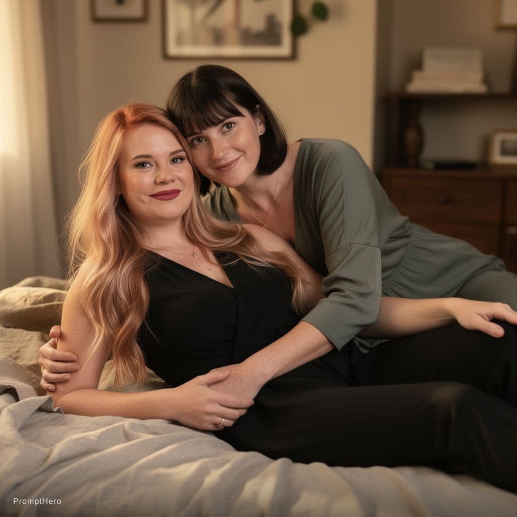 AI generated: Two women, one with strawberry-blonde curls spilling over the sheets and full, dusky pink lips parte...