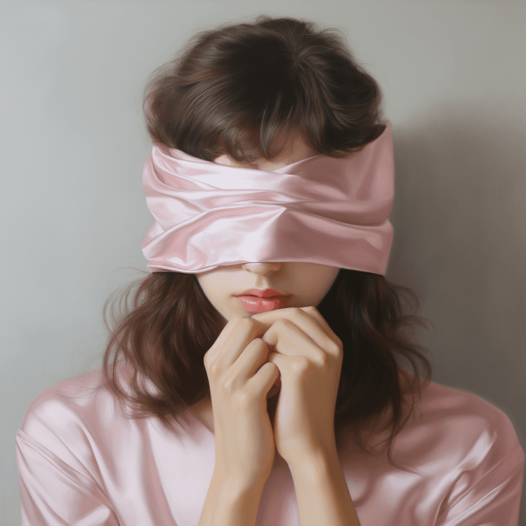 AI generated: A woman，covering the eyes with a pink silk strip,In the style of hyperrealism and photorealism,UHD i...