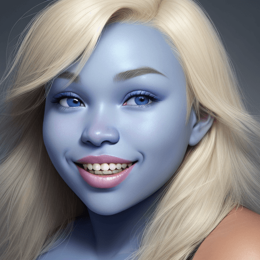 AI generated: chubby, textured blue skin, blond hair, unusual teeth,