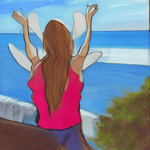 AI generated: Female, overlooking the ocean, daylight, indirect lighting, bunny ears