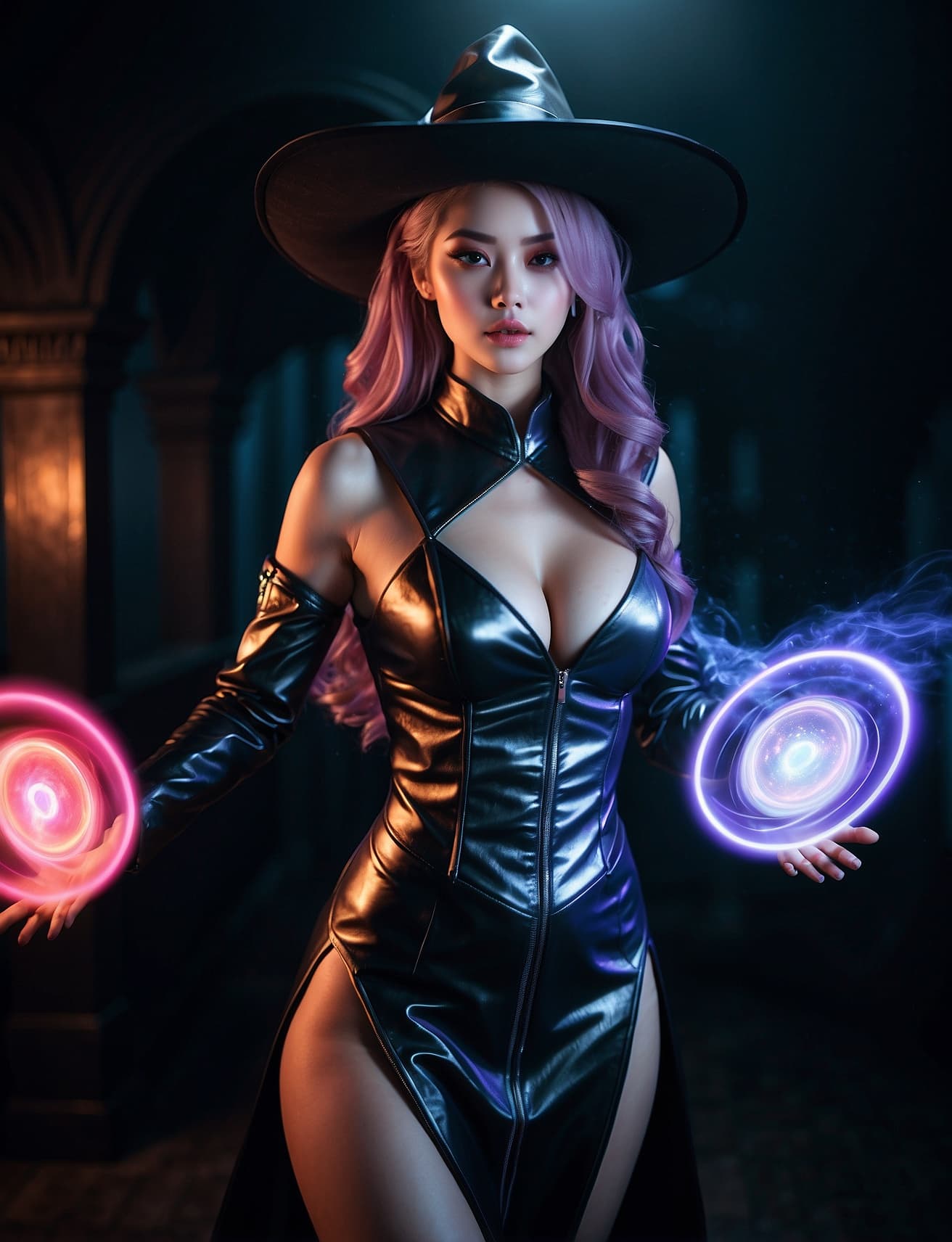 AI generated: A photo of swirls of magic infusion, a photo of a sexy female witch with swirling magic in both hand...