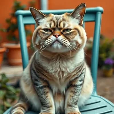AI generated video: A chubby cat with exaggeratedly droopy eyes, furrowed brows, and a deep frown, giving off an over-th...