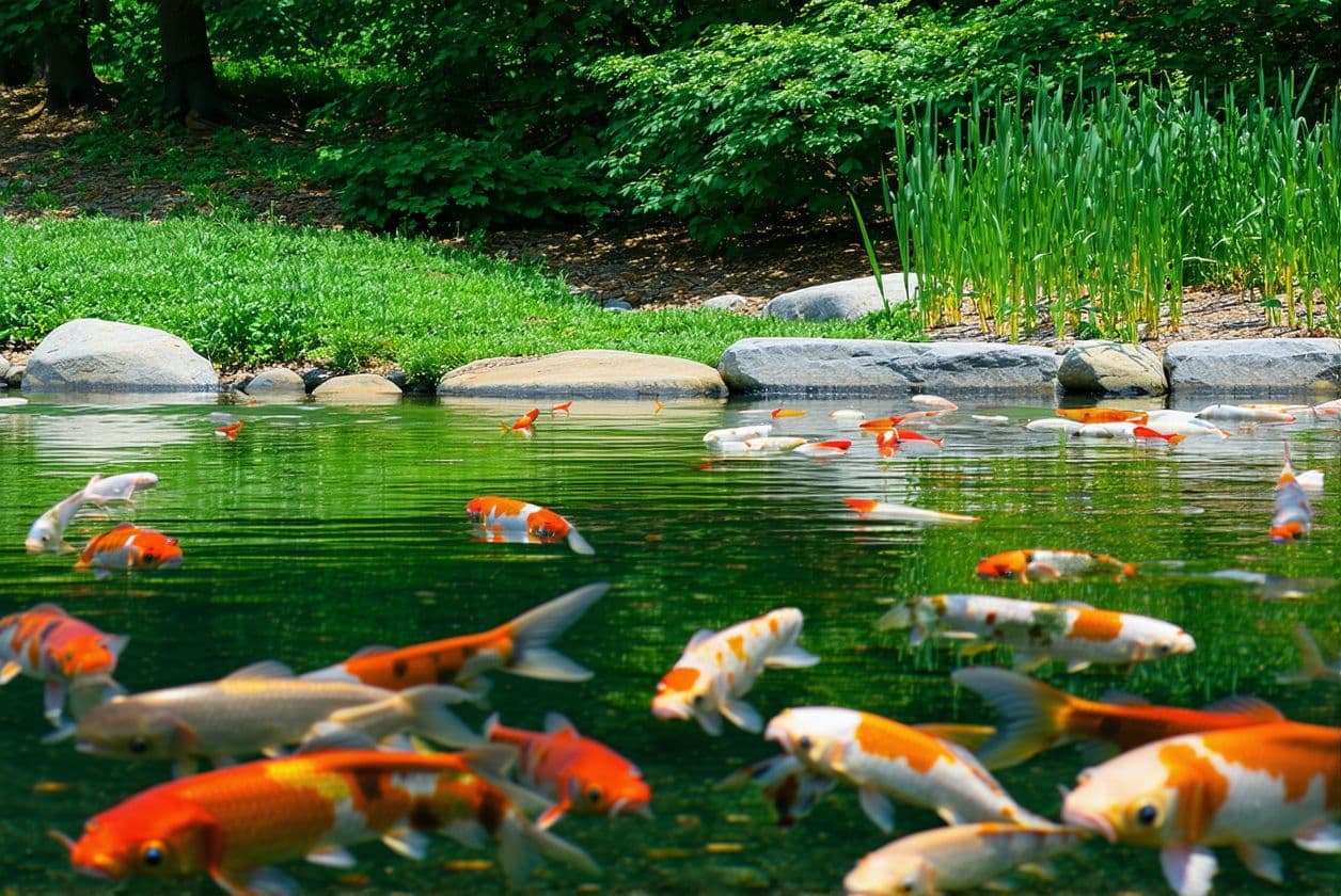 AI generated: quiet pond with lilies and carp in the water. rocky shore.