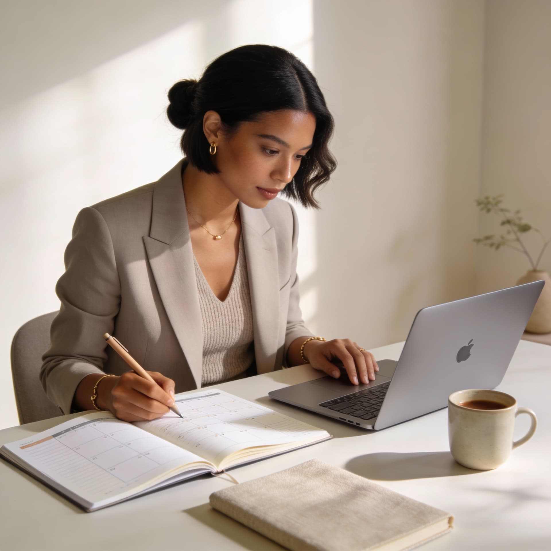 AI generated: Ultra-high resolution, photorealistic lifestyle image of a professional woman working quietly at a d...