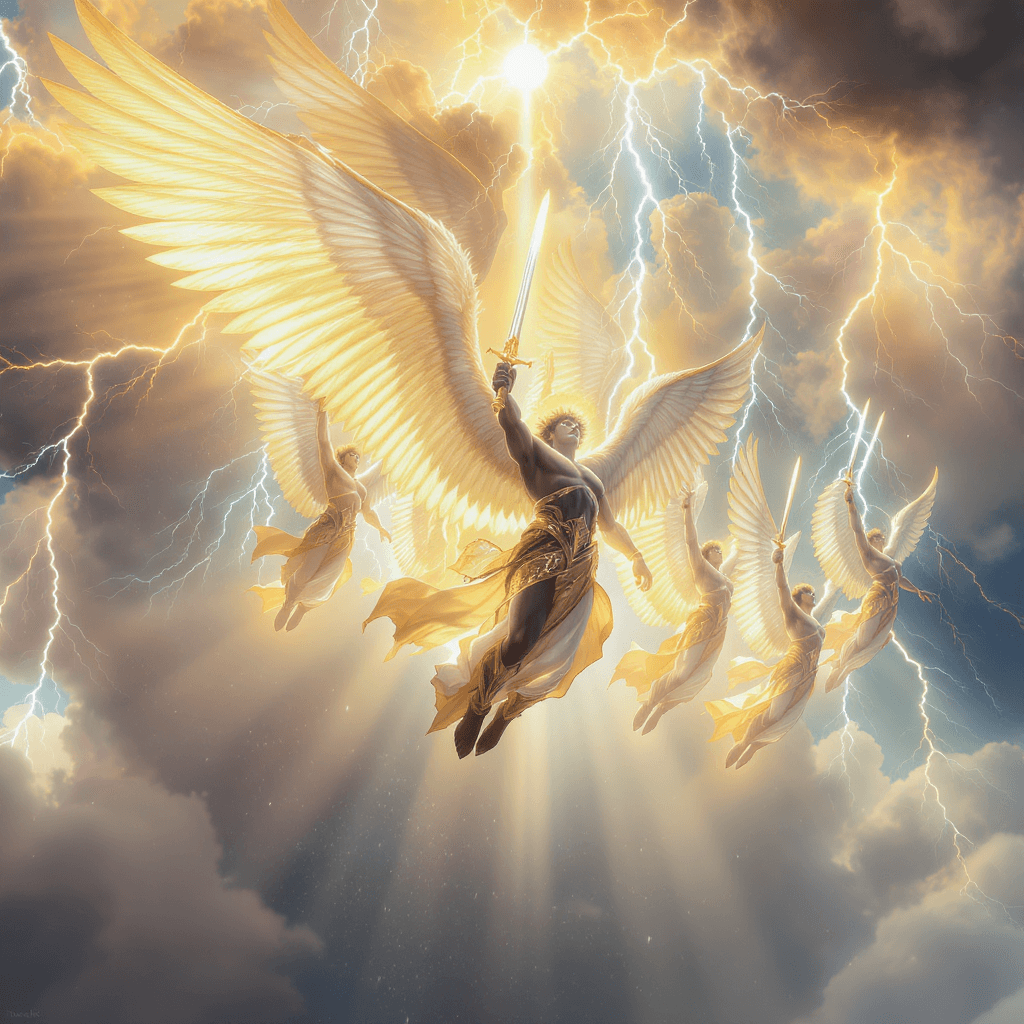 AI generated: 7 powerful Black African angels descending from the heavens flying like superman  in perfect formati...