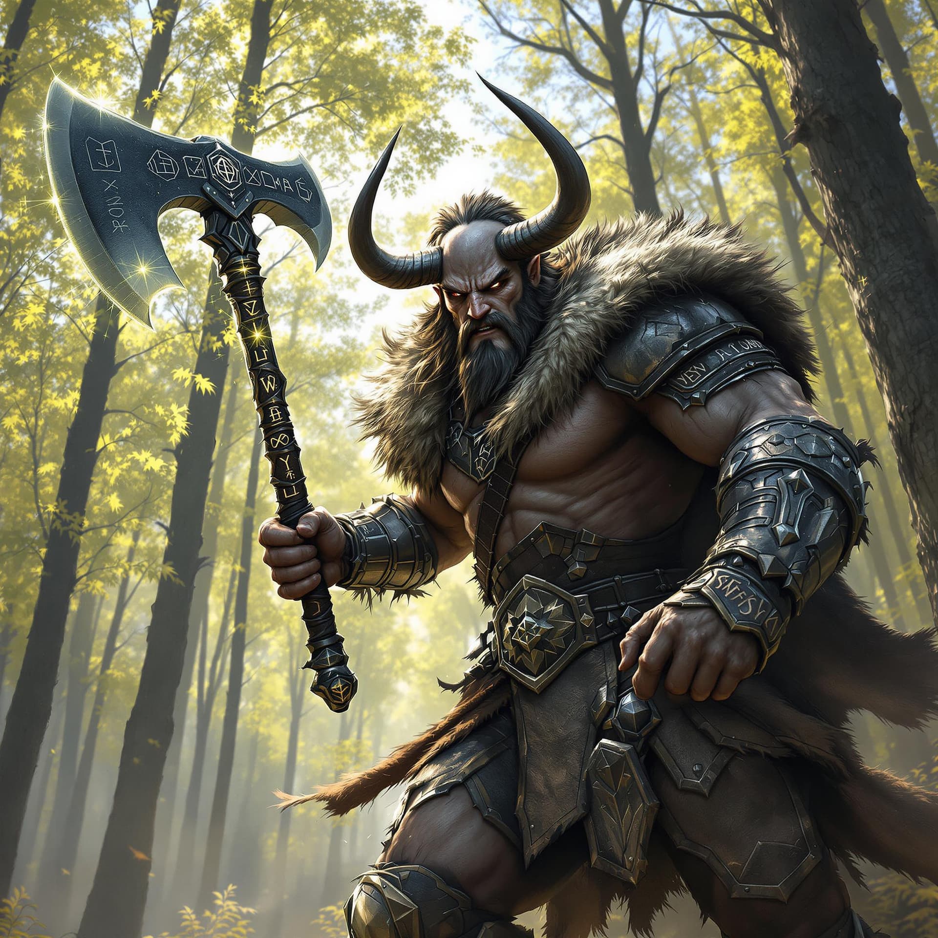 AI generated: A handsome-faced Minotaur barbarian warrior, clad in battered black chrome armor, charges forward in...