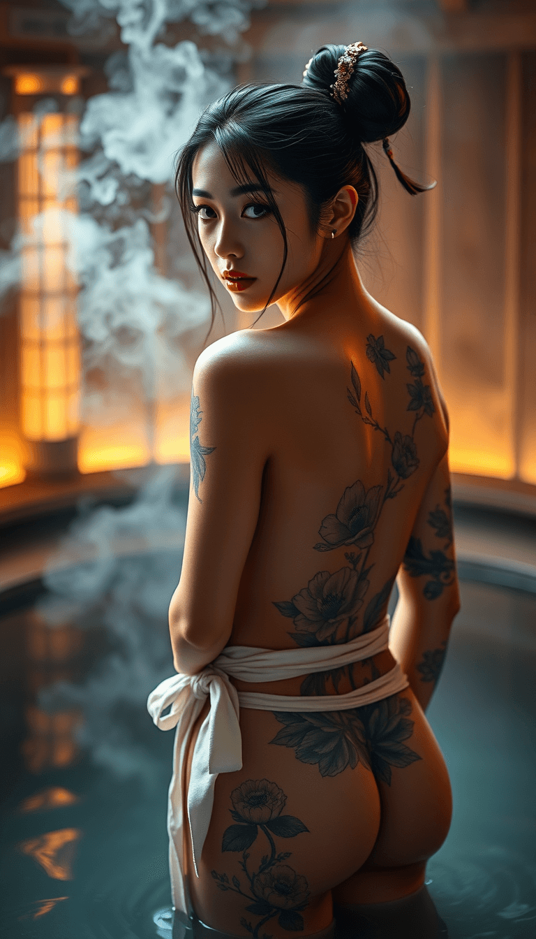 AI generated: A stunning, hyper-realistic depiction of a gorgeous, petite Asian samurai girl, standing nude with h...